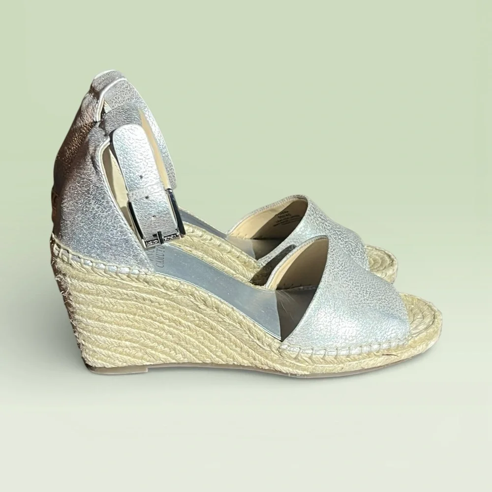 VINCE CAMUTO SILVER WEDGE ESPADRILLE WOVEN LEERA ANKLE STRAP OPEN TOE SANDALS 9